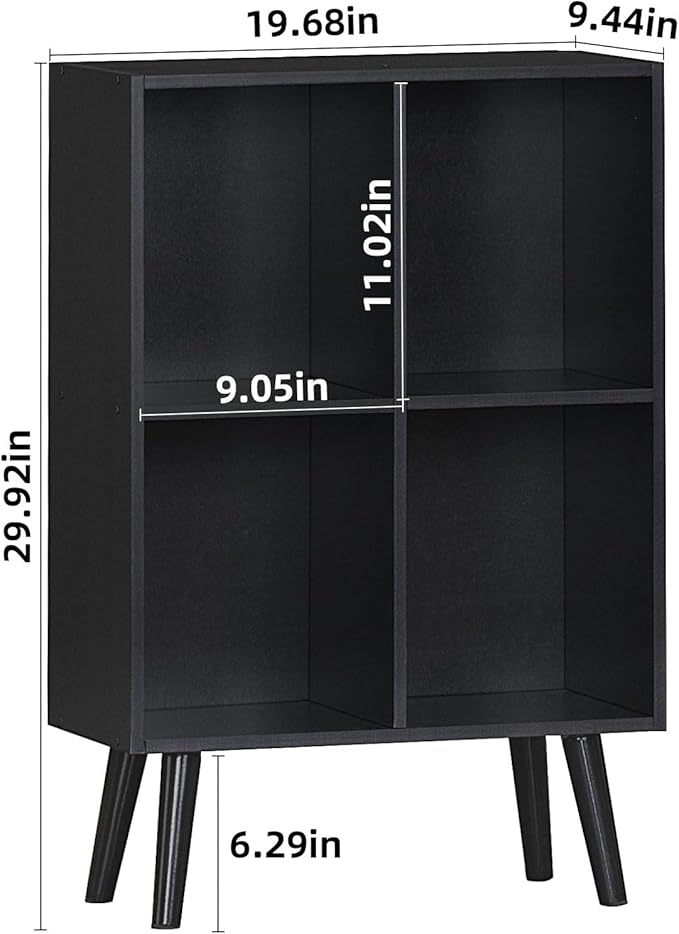 YAHARBO 4 Cube Black Bookshelf, Small Black Narrow Book shelf, 3 Tier Modern Bookcase with Legs,Bookshelves Wood Storage Shelf, Rustic Book Shelves Cube Organizer, Display Bookcase
