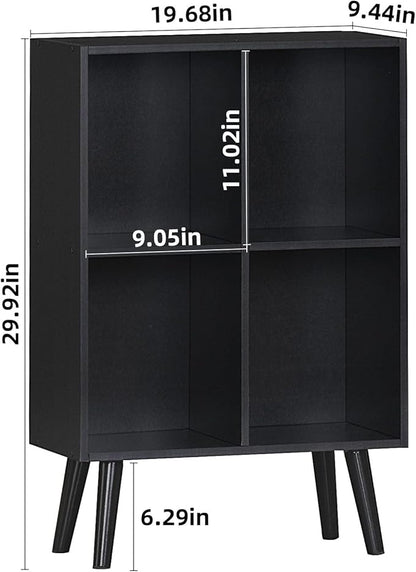 YAHARBO 4 Cube Black Bookshelf, Small Black Narrow Book shelf, 3 Tier Modern Bookcase with Legs,Bookshelves Wood Storage Shelf, Rustic Book Shelves Cube Organizer, Display Bookcase