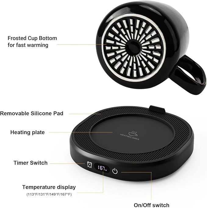 Coffee Mug Warmer & Simple Pure Black Mug Set, Electric Cup Warmer with Auto Shut Off, 4 Temperature Setting Smart Beverage Warmer, 8-Hours Auto Shut Off (Simple Pure Black Mug)