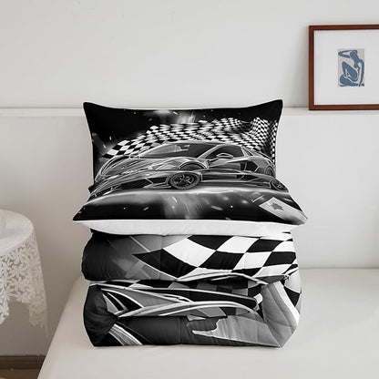 Feelyou Racing Car Comforter Set, Cool Speed Race Car Down Comforter King for Kids Boys Girls Teens Bedroom, Automobile Extreme Sport Bedding Set Plaid Checkered Duvet Sets with 2 Pillowcases,Grey