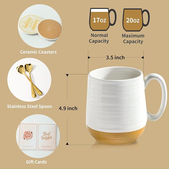 HASENSE Ceramic Couple Coffee Mug Gift Set, 20oz Mugs Set of 2 with Glaze Coasters & Gold Spoons |Unique Engagement, Bridal Shower, Wedding & Housewarming Gift for Newly Engaged, Bride and Groom White