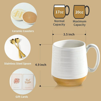 HASENSE Ceramic Couple Coffee Mug Gift Set, 20oz Mugs Set of 2 with Glaze Coasters & Gold Spoons |Unique Engagement, Bridal Shower, Wedding & Housewarming Gift for Newly Engaged, Bride and Groom White
