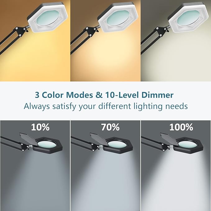 Magnifying Glass with Light and Stand, Dimmable LED Magnifier Desk Lamp with Clamp, 3 Color Modes, Hands Free Magnifying Lights for Close Work, Repair, Swing Arm Magnifying Work Light with Base