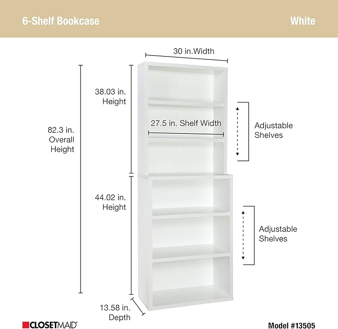ClosetMaid Bookshelf with 6 Shelf Tiers, Adjustable Shelves, Tall Bookcase Hutch, Sturdy Wood With Closed Back Panel, White Finish
