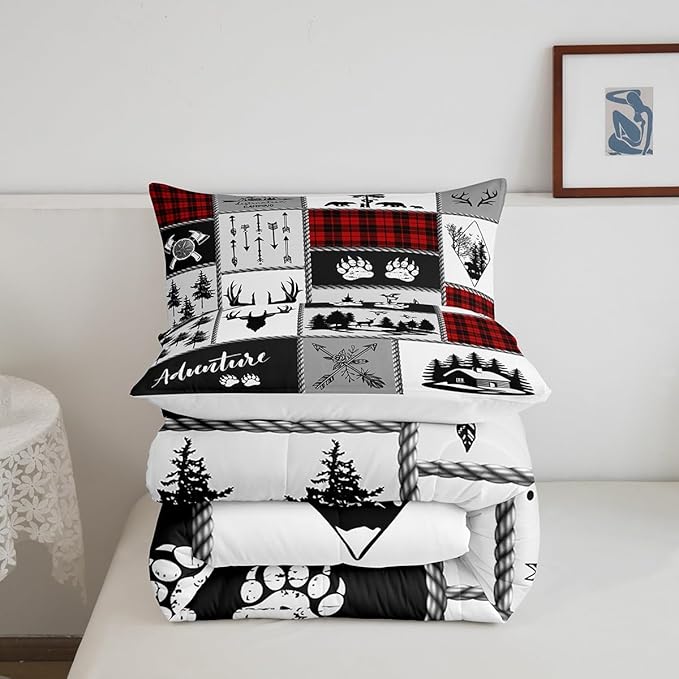Deer Antlers Comforter Set Twin Size,Bear Paws Pine Trees Xmas Bedding Set for Kids Boys Girls Adults Room Decor,Lattices Patchwork Rustic Farmhouse Down Comforter,Red Duvet Insert,1 Pillowcase