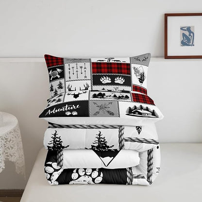 Deer Antlers Comforter Set Twin Size,Bear Paws Pine Trees Xmas Bedding Set for Kids Boys Girls Adults Room Decor,Lattices Patchwork Rustic Farmhouse Down Comforter,Red Duvet Insert,1 Pillowcase