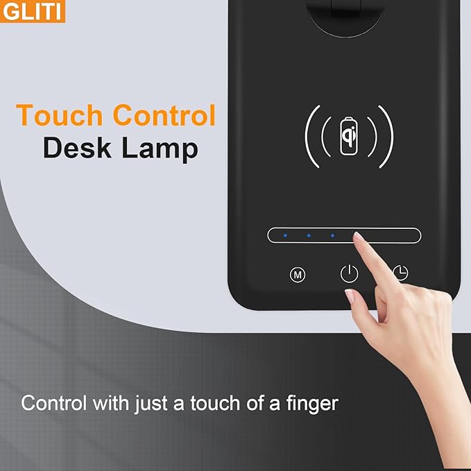 LED Desk Lamp with Wireless charging，Dimmable Desk Light, 5 Light Colors, 6 Brightness Levels, Touch Control Table Lamp with USB Rechargeable, Auto Timer, for College Dorm, Home, Office