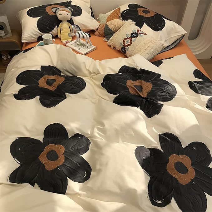 Black Floral Comforter Set Black and White Bedding Queen Comforter Set Flowers Cotton Women Modern Elegant Chic Quilts Blankets Lightweight Black Flower Reversible Bed Comforter Set
