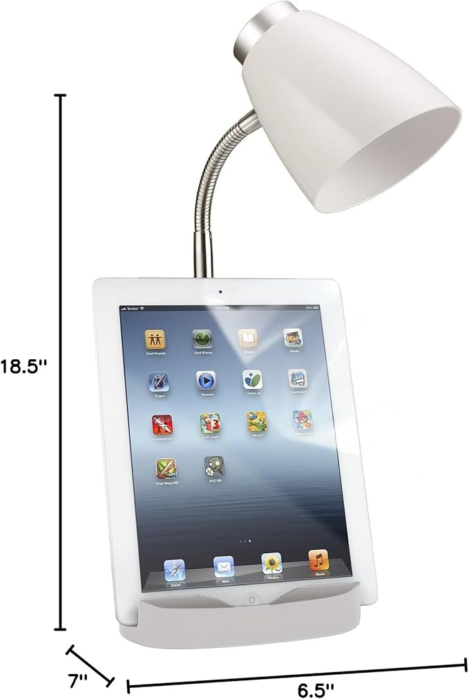 Simple Designs LD1002-WHT Gooseneck Organizer Desk Lamp with iPad Tablet Stand Book Holder, White