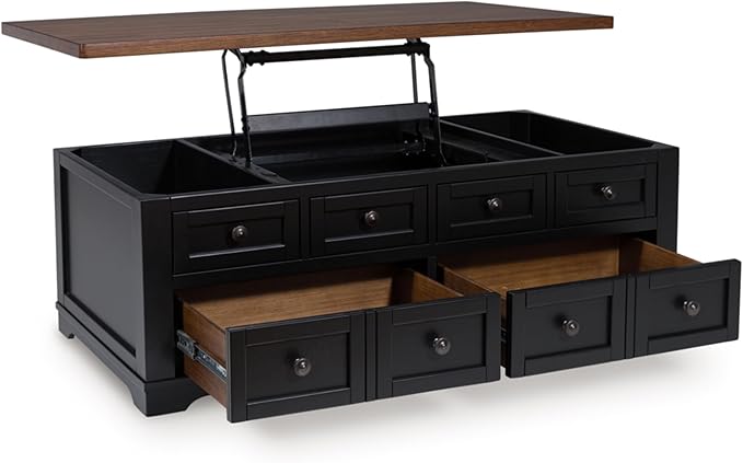 Signature Design by Ashley Wildenauer Farmhouse 2-Drawer Lift-Top Coffee Table with 2 Storage Bins Under Top and Casters, Light Brown & Black