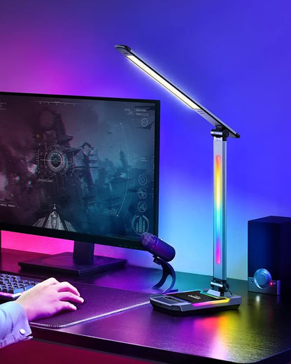WILIT LED RGB Gaming Desk Lamp, Voice Activated Changing Colors Rhythm Light with Wireless Charger and USB Charging Port, Colorful Ambient Light Touch Table Lamp for Gaming, PC, Room Decoration