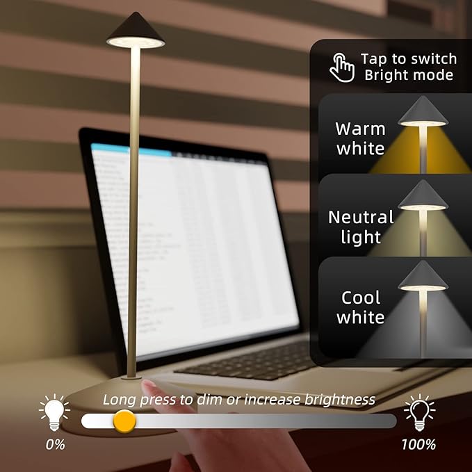Cordless Table Lamp, Portable LED Desk Lamp 5200mAh Battery Operated, Waterproof Outdoor Lamp with Contact Charging Base, 13.8'' touch lamp for Home/Office/Bars/Coffee Shop Night Light (Grey