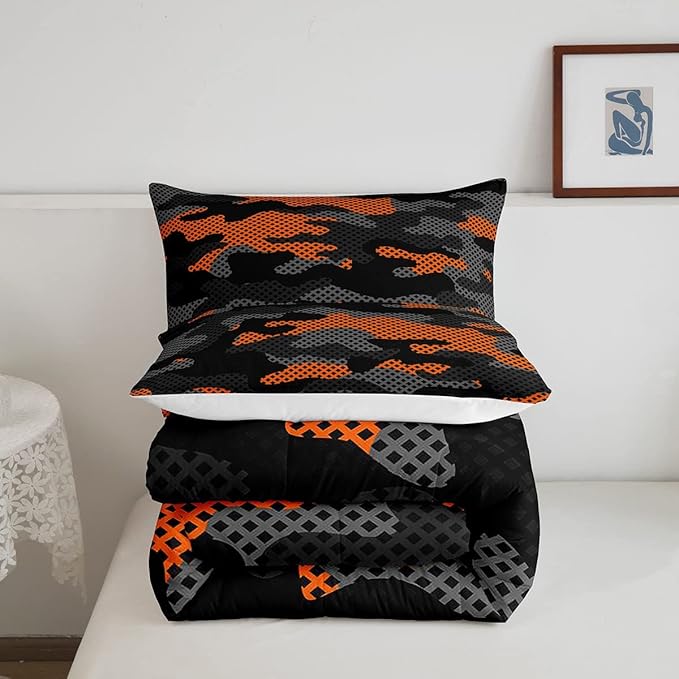 Erosebridal Army Camouflage Comforter Set Queen Size Teens Adult Camo Bedding Set for Kids Boys Girls Colorful Pattern Decor Down Comforter Orange Black Grey Duvet Set Geometric Pattern Quilt Set