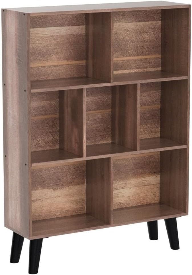 LEYAOYAO 7 Cube Bookshelf 3 Tier Modern Bookcase with Legs,Wood Book Shelves Storage Organizer Shelf,Free Standing Bookcases,Oak Display Bookshelves