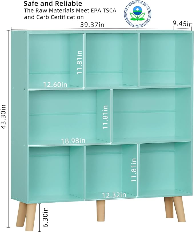 LEYAOYAO 8 Cube Bookshelf 3-Tier Bookcase with Legs, Mint-Green Kids Book Shelf Cute Storage Organizer, Large Open Toy Shelves Modern Bookshelves,Display Bookcases for Bedroom,Living Room,Nursery