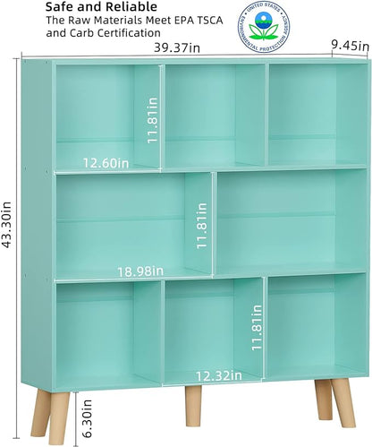 LEYAOYAO 8 Cube Bookshelf 3-Tier Bookcase with Legs, Mint-Green Kids Book Shelf Cute Storage Organizer, Large Open Toy Shelves Modern Bookshelves,Display Bookcases for Bedroom,Living Room,Nursery