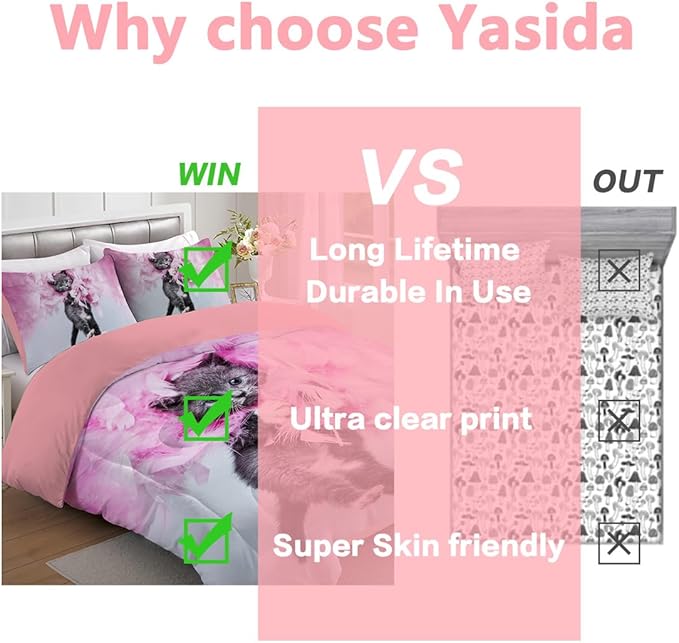 Cat Comforter Twin, Cat Bedding Set Twin Size for Kids, Cat Comforter Set for Girls and Boys, Pink Feathers Black Cat 3Pcs(1Summer Comforter+ 2 Pillowcases) Lovely Animal Pets Duvet Set