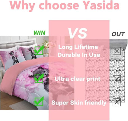 Cat Comforter Twin, Cat Bedding Set Twin Size for Kids, Cat Comforter Set for Girls and Boys, Pink Feathers Black Cat 3Pcs(1Summer Comforter+ 2 Pillowcases) Lovely Animal Pets Duvet Set