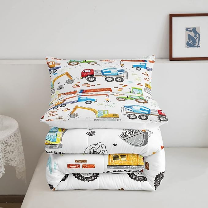 Feelyou Boys Excavator Bedding Set Construction Vehicles Comforter Set for Kids Girls Watercolor Tractor Crane Truck Comforter Colorful Design Quilt Set Room 3Pcs Queen Size