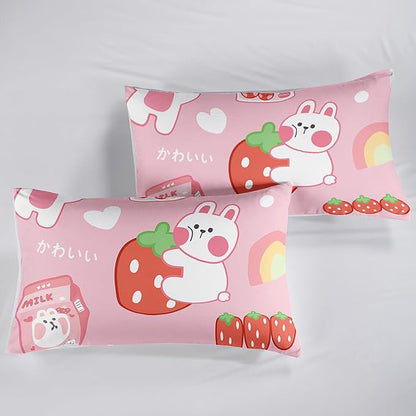 Strawberry Rabbit Comforter Set for Kids Teens Girls Women,Pink Bunny Kids Comforter,1 Comforter with 2 Pillowcase, Microfiber 3 Piece Bedding Set,for All Seasons(Pink，King Size)