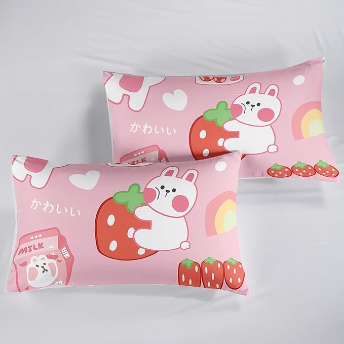 Strawberry Rabbit Comforter Set for Kids Teens Girls Women,Pink Bunny Kids Comforter,1 Comforter with 2 Pillowcase, Microfiber 3 Piece Bedding Set,for All Seasons(Pink，Twin Size)