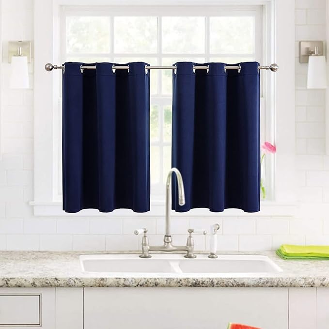 ChrisDowa Small Window Curtains for Kitchen and Bedroom - Grommet Short Thermal Insulated Room Darkening Curtains (2 Panels, Navy Blue, 42 x 36 Inch)