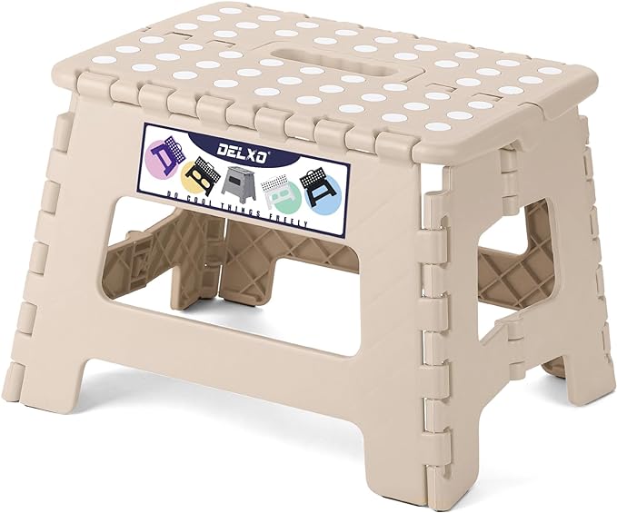 Delxo Folding Step Stool,9 Inch Lightweight Plastic Step Stool,Portable Collapsible Foldable Step Stool Non Slip Folding Stools for Kitchen Bathroom Bedroom in Khaki,1 Pack