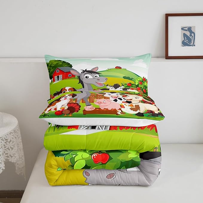 Cute Farm Animals Bedding Set Kids Cartoon Pig Dog Cow Horse Comforter Set for Boys Girls Teens Nature Country Comforter Farmhouse Rustic Duvet Set Colorful Decor Quilt King Size Boys