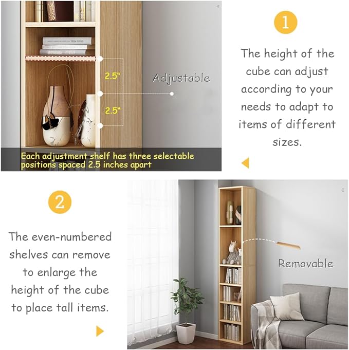 IOTXY Small Narrow Corner Bookcase - 47 Inches Tall Gap Freestanding Storage Cabinet, 5 Lattices Open Shelves Tower Rack, Cubes Bookshelf in Oak