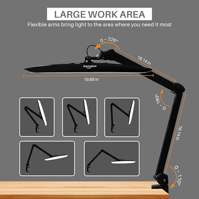 117PCS LED Clamp Desk Lamp, 20 Inch Metal Swivel Arm with Protective Casing, 2200 Lumens, Dimmable Task Lamp for Reading, Office Work, Sewing, Study, and Crafts(Black)