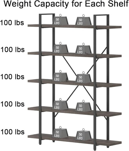 HSH 5 Shelf Bookcases and Book Shelves,Industrial Modern 5 Tier Tall Bookshelf, Rustic Wood and Metal Large Book Shelf for Bedroom Living Room,Vintage Open Wide Vertical Etagere Book Case, Dark Gray