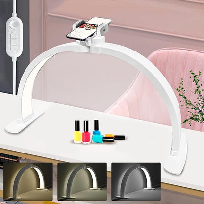 LIGHTLY Half Moon Light for Nail Desk Foldable with Phone Holder, Nail Tech Lamp for Desk with Wire Controller, 3 Color Modes, 5 Brightness for Eyelash Extensions, Tattoo, Nail Art Lighting