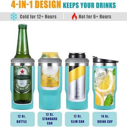 4 in 1 Stainless Steel Can/Bottle Insulator, 14oz Two-Way Lids SUS Insulated Can Cooler, Beer Bottle holder (Dark blue)