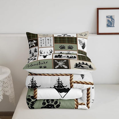 Rustic Farmhouse Kids Comforter Set Queen Size,Deer Antlers Bear Paws Plaids Patchwork Bedding Set for Boys Girls Adults Room Decor,Pine Trees Arrows Down Comforter,Retro Duvet Insert,2 Pillowcases
