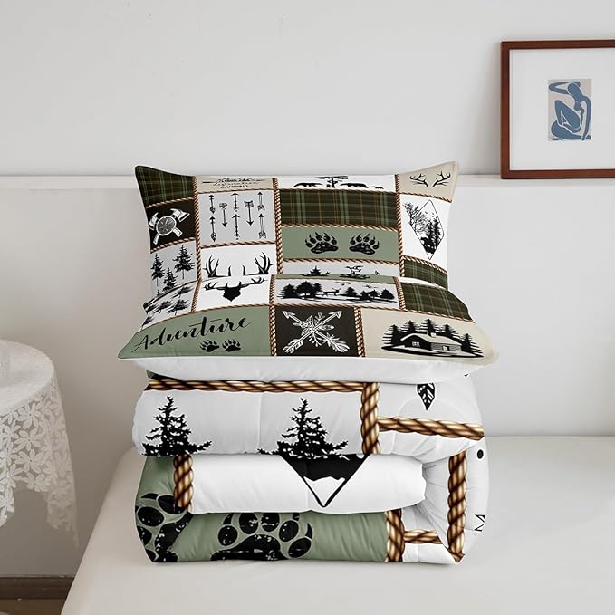 Rustic Farmhouse Kids Comforter Set King Size,Deer Antlers Bear Paws Plaids Patchwork Bedding Set for Boys Girls Adults Room Decor,Pine Trees Arrows Down Comforter,Retro Duvet Insert,2 Pillowcases