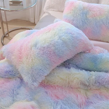 Faux Fur Kids Girls Sunshine Rainbow Comforter Sets King - 3PC Bed Set Warm Comfortable Soft Plush Flannel Velvet Fluffy Fuzzy Bedding（Comforter x 1 Pillowcases x 2）