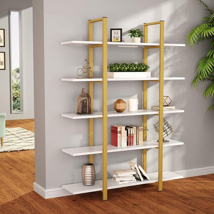 Tribesigns 5-Tier Bookshelf, Vintage Industrial Style Bookcase 70 ‘’ H x 12’’ W x 47’’L, Gold