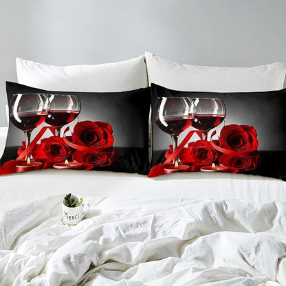 Erosebridal Rose Wine Glass Comforter Set for Girls Red Black Rose Bedding Set Full Size Floral Blossom Quilt Set Banquet Flower Romantic Valentine's Day Duvet Set, Women Men Adult Grey Comforter Set