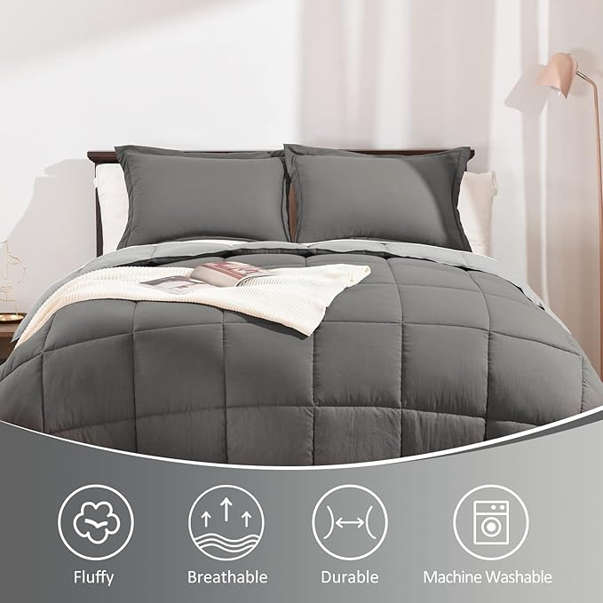 Basic Beyond King Size Comforter Set - Fluffy King Bed Comforter Set for All Seasons - Reversible Dark Grey Comforter Set - 3 Pieces (1 Comforter + 2 Pillow Shams) - Dark Gray/Grey