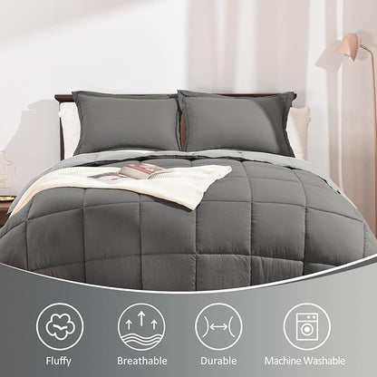 Basic Beyond Queen Comforter Set - Fluffy Comforter Queen Set for All Seasons - Reversible Dark Grey Comforter Set for Mens - 3 Pieces (1 Comforter + 2 Pillow Shams) - Dark Gray/Grey