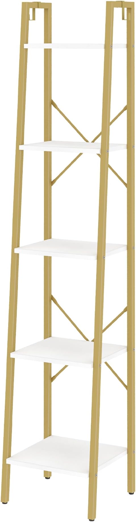 Ladder Shelf, Bookshelf Bookcase, Freestanding Corner Storage Shelve with 2 Hooks for Home Office, Living Room, Kitchen, Bedroom, Industrial, 5-Tier White Gold BC03213G