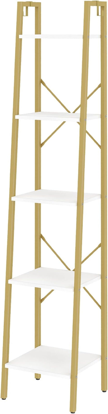 Ladder Shelf, Bookshelf Bookcase, Freestanding Corner Storage Shelve with 2 Hooks for Home Office, Living Room, Kitchen, Bedroom, Industrial, 5-Tier White Gold BC03213G