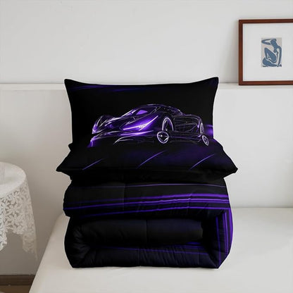 Feelyou Dull Purple Race Car Bedding Set King Size for Kids Boys Extreme Sport Games Comforter Set Teens Toddler Fast and Furious Duvet Set Cool Modern Quilt Set 3Pcs