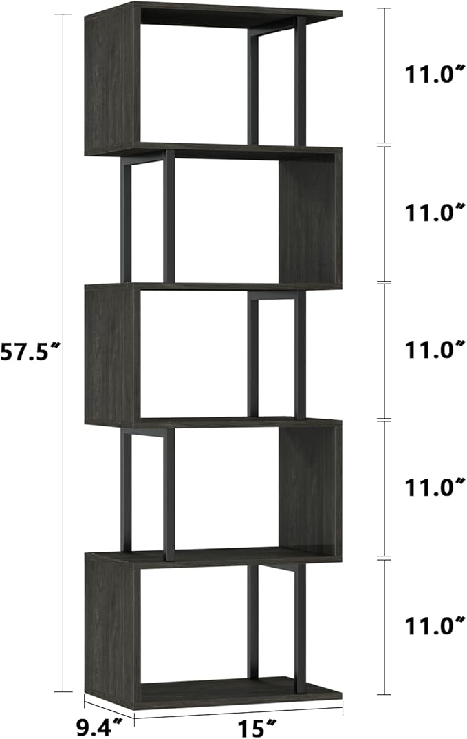 Furologee 6 Tier Bookshelf Tall Geometric Bookcase, S-Shaped Industrial Display Standing Shelf, Metal and Wood Decorative Storage Room Divider Shelves for Bedroom, Living Room, Office, Light Black Oak