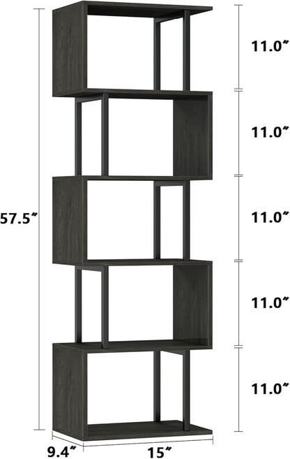 Furologee 6 Tier Bookshelf Tall Geometric Bookcase, S-Shaped Industrial Display Standing Shelf, Metal and Wood Decorative Storage Room Divider Shelves for Bedroom, Living Room, Office, Light Black Oak