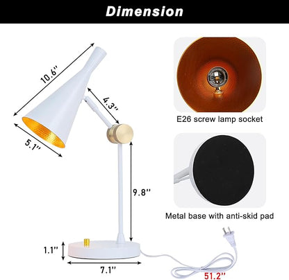 Vintage Industrial Table Lamp for bedroom, Adjustable Dimmable Desk Lamp, Brass Inner Shade Metal Table Lamp for Study, Home Office, Bedside, Nightstand, Reading Lamp Modern Mid-century, White