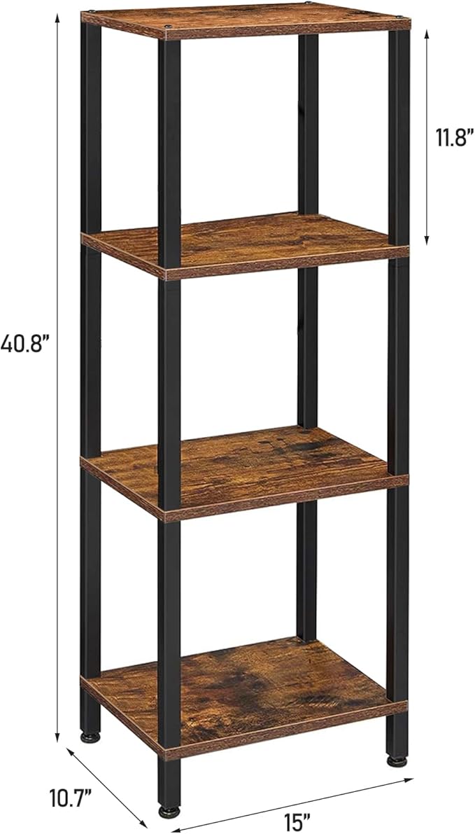 TUTOTAK Bookshelf, 4-Tier Tall Book Shelf, Narrow Bookcase for Small Space, DIY Stackable Bookshelf, for Living Room, Office, Study, Entryway, Industrial, Rustic Brown BS01BB004