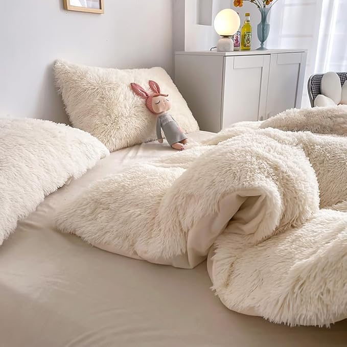 Faux Fur Kids Girls Milky White Comforter Sets Queen - 3PC Bed Set Warm Comfortable Soft Plush Flannel Velvet Fluffy Fuzzy Bedding（Comforter x 1 Pillowcases x 2）