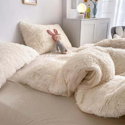 Faux Fur Kids Girls Milky White Comforter Sets King - 3PC Bed Set Warm Comfortable Soft Plush Flannel Velvet Fluffy Fuzzy Bedding（Comforter x 1 Pillowcases x 2）