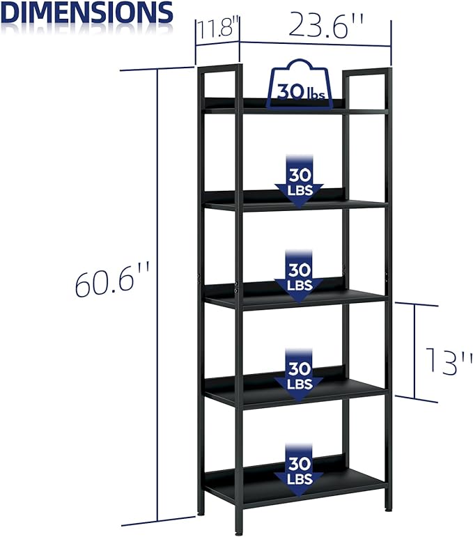NUMENN Bookshelf, 5 Tier Bookshelves, Home Office Bookcase Shelf Storage Organizer, Free Standing Storage Shelving Unit for Bedroom, Living Room and Home Office, Black